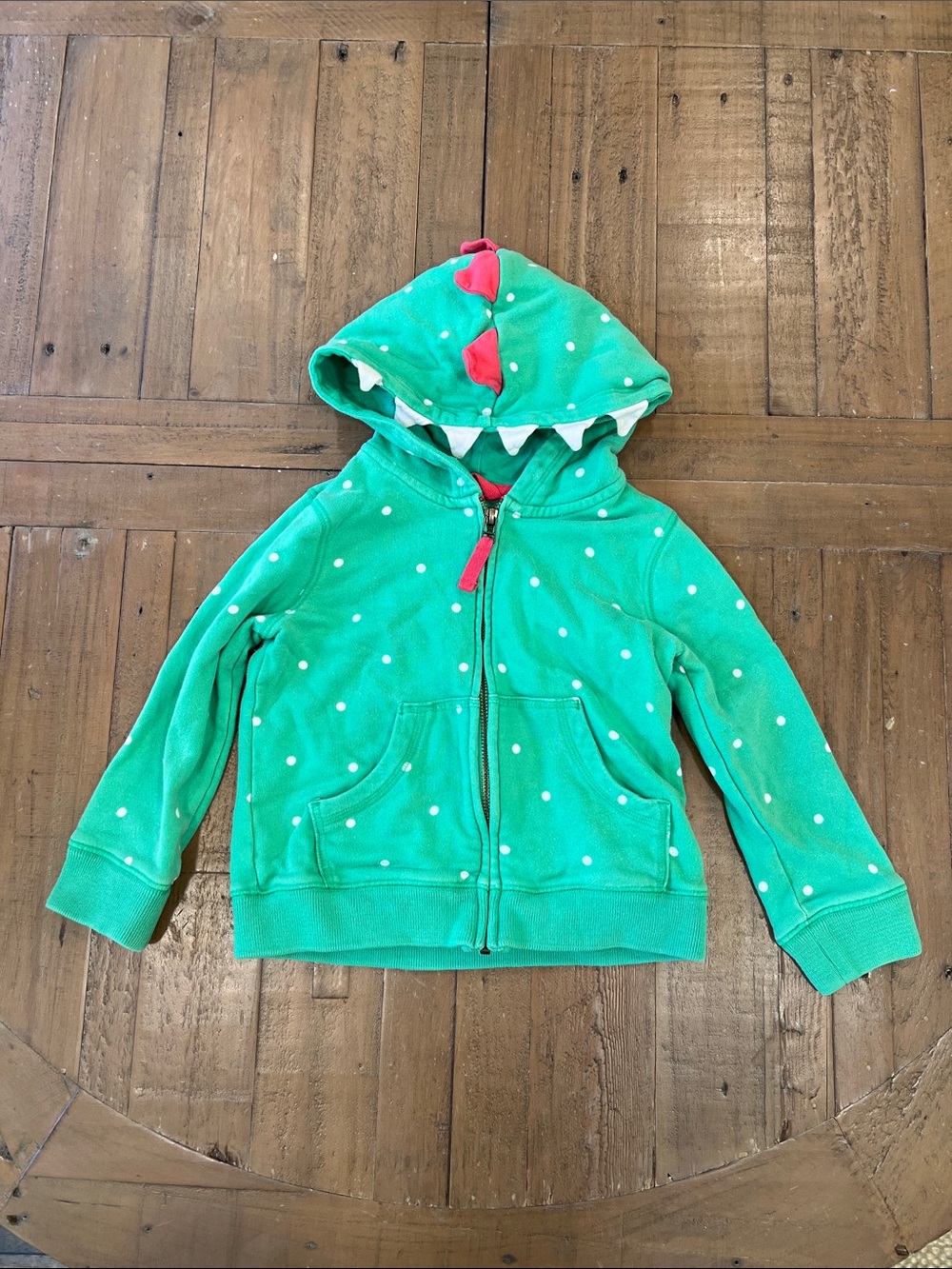 Mini Boden green polka dot dinosaur hoodie zip front sweatshirt 2-3 years